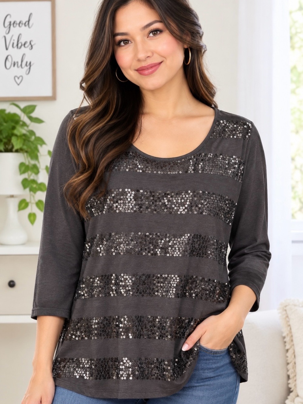 Cato Women's Black Sequin Stripe Scoop Neck Top XL